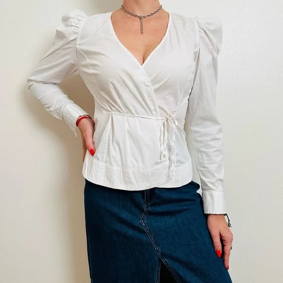 Jason Wu White Long Puff Sleeve Wrap Blouse Elegant Poplin Tailored Top - Picture 3 of 9